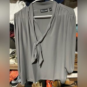 New York & Company Gray Blouse with Tie Accent